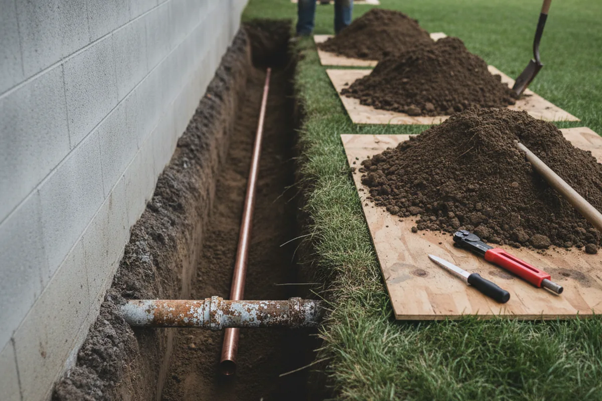 Excavated water line trench during Water Softener Installation in Mastic Beach